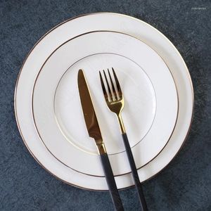 Juego de platos de cerámica blanca, plato decorativo de porcelana con trazos dorados, plato para postre y pastel, plato principal, bandeja para servir, vajilla para mesa de comedor