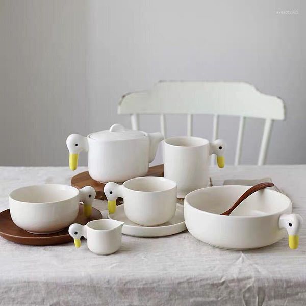 Platos, vajilla de cerámica de pato blanco, tetera de patito hecha a mano, taza de café, vajilla de platos de postre, juego