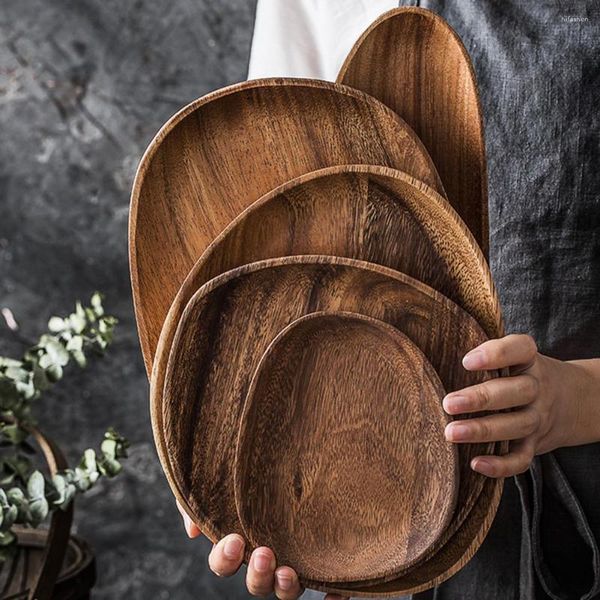 Platos Plato de madera Superficie lisa Anti-deformado Estilo japonés Sushi Pan Decoración para el hogar Platos de fruta de madera maciza ovalados irregulares