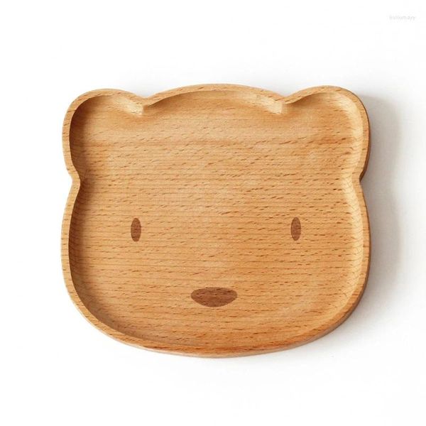 Platos de madera de madera lindo oso tazón de madera sólida patrón de dibujos animados bandeja de placa de fruta niños