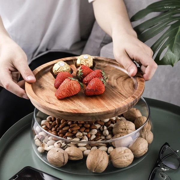 Assiettes plate en bois Bol en verre noix de fruits de fruits Jar Double couche Candy avec un couvercle