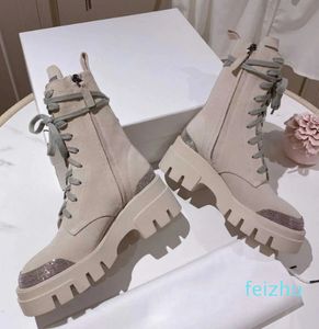 Platform boot veter schoenen gevecht modeontwerpers schoenen lederen wandelen 6,5 cm lage hak ronde tenen casual laarsjes enkel nieuw beige chunky voor