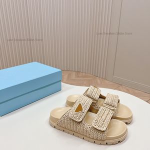 Platform gevlochten raffia zomer slippers glijden open teen vakantie buiten sandalen casual handtekening driehoek schoenen dames luxe designer fabrieksschoenen met doos
