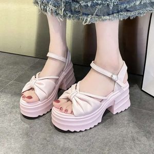 Plate-forme boucle 399 femmes chaussures de fond épais d'été 8 cm talons talons sandales décontractées confortable rose bowknot sl 4b5