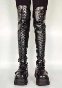 Plate-forme boucle à lacets fond épais chaussures de luxe Goth grande taille 43 Lolita sur le genou femmes bottes plate-forme bottes