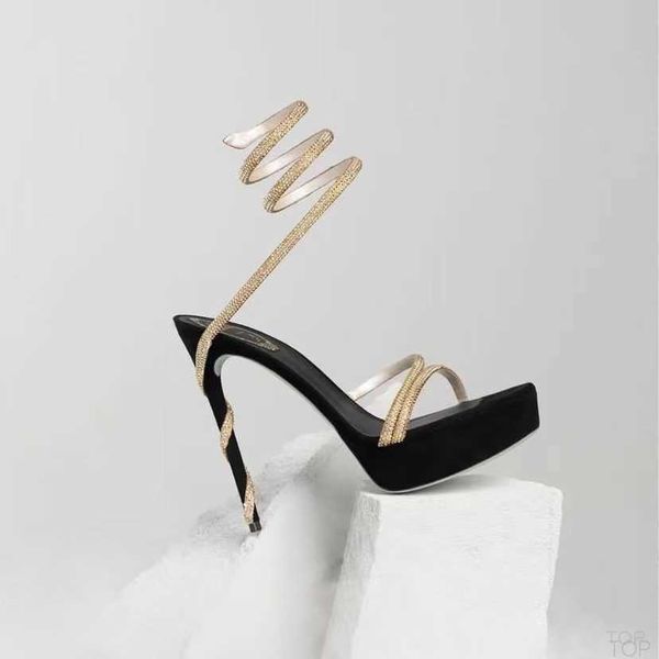 Sandales de designer à plateforme Rene Caovilla Chaussures habillées pour femmes à talons hauts Chaussure enveloppante à la cheville Agrémentée de serpent Stiletto 120mm Dame d'usine de luxe hH