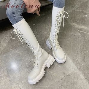 Plate-forme à talons hauts femmes bottes en cuir véritable genou zip épais long lacets dames chaussures automne hiver 210517