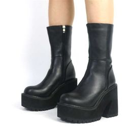 Plataforma tacones altos con cremallera botas gruesas para mujer negro punk fondo grueso motocicleta cosplay zapatos casuales 230922