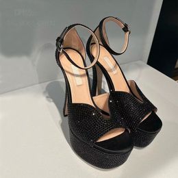 Platform strass sandalen Dames hoge hak sandalen Pumps hakken Chunky Block Open teen Enkelbandje super hoge Jurk schoenen feest Luxe ontwerpers schoenen Fabriek 14cm