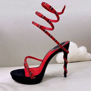 Platform sandalen Rc mode zwart rood strass kronkelende voetring damesschoenen luxe ontwerper smalle band 12,5 cm hoge hakken nieuwigheid hakwikkelsandaal 35-43 maat