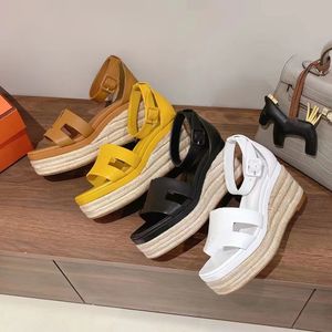 Platform Sandals coin sandales en cuir Slip on Band Coss Coss Chaussures de cale Straw Muffin Soles Chaussures Plats de luxe Femme Fomes High Heled Sandale