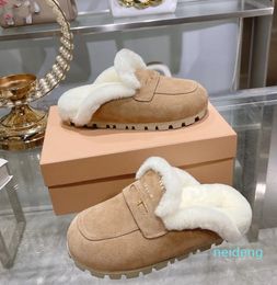 Plattform-Shearling-Hausschuhe für Damen, Muller Winterschuhe, dicker Boden, Wildleder, Fell, flauschig, Slipper, Loafer, Indoor-Pantoletten, Sherpa, warme Rutsche