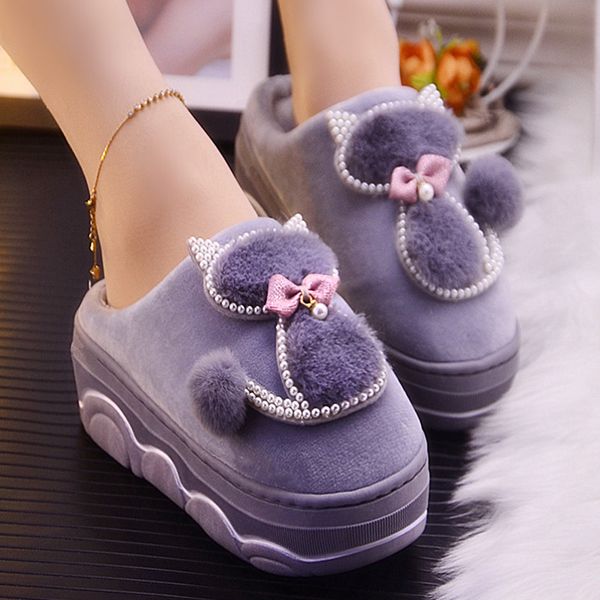 Pantoufles de la plate-forme Femmes Mode Maison Home Maillots Contenu Cutewarm Animal Pelle Peluches Chaussures Intérieure Knot Cat Hiver 2020 x1020