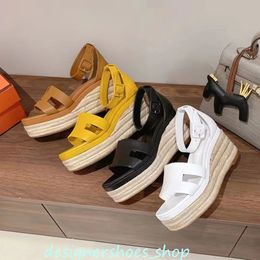 Platform sandalen met sleehak Leren instappers met smalle band sleehak 100% echt leer Stro-muffinzolen Loafers Schoenen Flats luxe designer damessandaal met hoge hakken