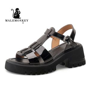 Platfrom lederen zomer nieuwe sandalen 2022 retro vrouwen niet -slip dikke hakken sandalen rond teen Romeinse vrouwelijke schoen handgemaakte T230208 395