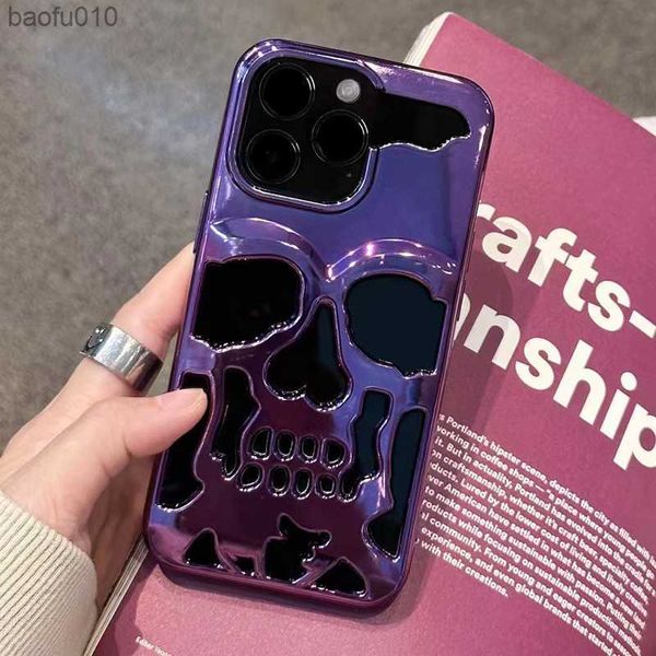 Chapado en pintura metálica 3D Hollow Out Cool Skull Phone Case para iPhone 11 13 12 14 Pro Max Plus Personalidad tallada contraportada L230619