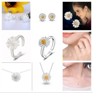 Ensemble de bijoux en argent Sterling 925 marguerite, bague pour femme, fleur de soleil, boucles d'oreilles, breloques, collier, Bracelet, 10 pièces/lot