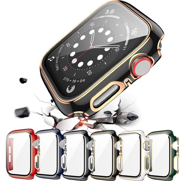 Coque rigide plaquée pour Apple Watch 7 6 5 4 3 2 SE Series PC Cover avec protection d'écran en verre trempé trou anti-poussière Cadre bicolore iwatch 45mm 41mm 44mm 40mm 42mm 38mm