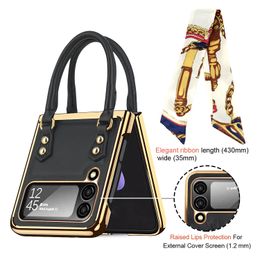 Étuis en cuir de placage pour Samsung Galaxy Z Flip 4 3 Flip3 étui de luxe écharpe sac à main Protection couverture