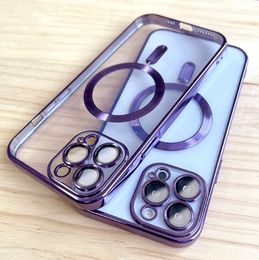 Plating Magnetische Draadloos Opladen Case Voor iPhone 15 14 13 12 11 Pro Max Camera Glas Cover