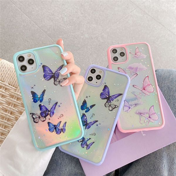 Funda de teléfono con parachoques láser de mariposa 3D para iphone 11 Pro Max 7Plus 8 8Plus XR XS Max, funda suave transparente a la moda