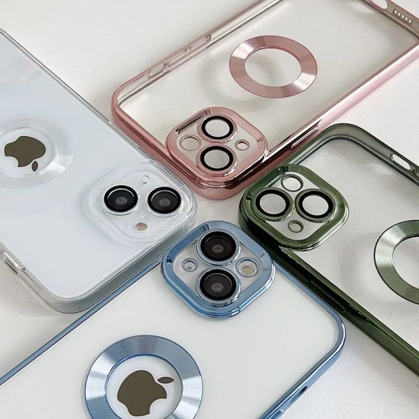 Cajas de teléfono de TPU con revestimiento, cubierta transparente galvanizada con protector de lente de vidrio templado para cámara para iPhone 15 14 13 12 Mini ZZ