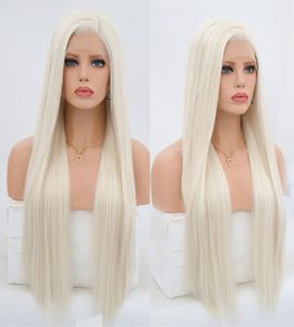Perruque Lace Front Wig synthétique blonde platine, perruque soyeuse et lisse avec raie latérale, cheveux longs blonds résistants à la chaleur pour femmes 7698831
