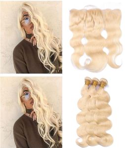 Faisceaux de cheveux blonds platine avec dentelle frontale vague de corps dentelle frontale avec paquets 613 Extensions de cheveux blonds avec 134 dentelle avant5771125