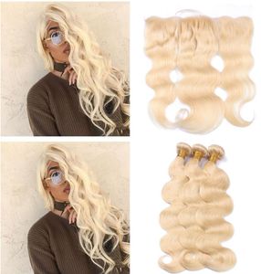 Faisceaux de cheveux blond platine avec dentelle frontale vague de corps dentelle frontale avec paquets 613 Extensions de cheveux blonds avec 134 dentelle avant6180719