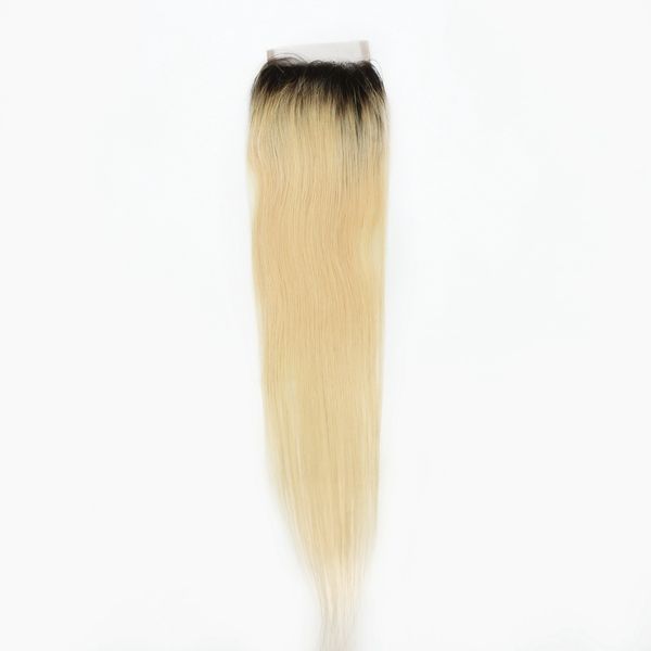 Platinum Blonde Ombre 1b / 613 Straight Lace Closure Pre Plucked Nudos blanqueados Remy Cabello humano 4x4 Cierres de encaje