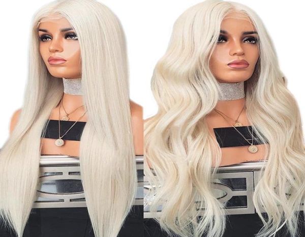 Perruque Lace Front Wig synthétique Blonde platine 26 pouces, perruques sans colle résistantes à la chaleur pour femmes 1654362