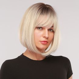 Rubio platino con raíces de color marrón oscuro, longitud de la barbilla, peluca sintética estilo Bobs recta con flequillo, peluca de pelo resistente al calor