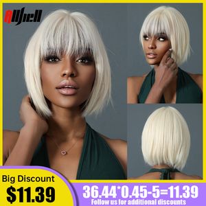 Platinum Bob Bob Straitement synthétique avec une frange pour les femmes Afro Blonde Cosplay Daily Wig Natuiral Wig résistant à la chaleur Fibre