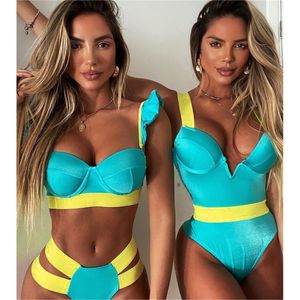 Plavy Sexy Neon Kleur Push Up Thong Bikini High Cut Bandage Badpak Vrouwen 2021 Badmode Zwemmen Strandkleding Badpak voor Vrouw X0522