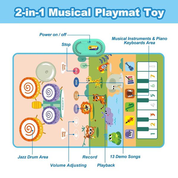 Reproducir alfombras 80x50cm Mostora de reproducción para niños Piso de piano Piano Juguetes Drum Toys Dance Mat con 6 instrumentos Toyadores educativos