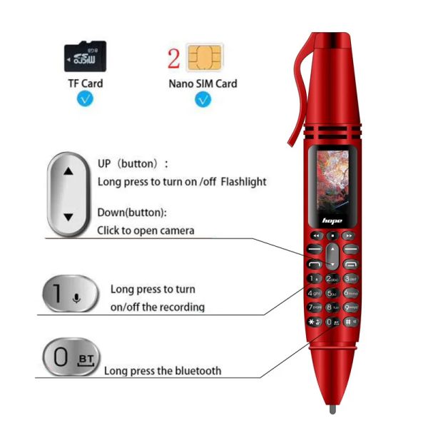 Lecteur Lecteur MP3 Smart Bluetooth Call Dialer Lampe de poche portable Enregistrement Caméra Stylo Audio sans fil Mini téléphone portable Casque Haut-parleur