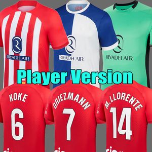 Versión del jugador 23 24 Atlético MORATA Madrids camisetas de fútbol nuevo logotipo del patrocinador 2023 2024 M.LLORENTE GRIEZMANN KOKE SAUL Correa LEMAR kit de camiseta de fútbol