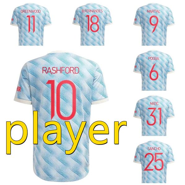 Versión del jugador Copa de fuentes de fútbol Jerseys 25 Sancho # 11 Greenwood alejado Jersey de fútbol 21/22 # 18 B.FERNANDES # 10 Rashford # 6 Pogba # 23 Shaw Camisa adulta + parche