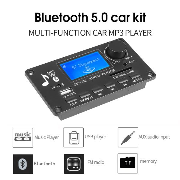Joueurs Kebidu Bluetooth 5.0 Récepteur Kit de voiture Lecteur MP3 Décodeur Conseil Couleur Écran FM Radio TF Support Enregistrement d'appel AUX Audio pour Iph