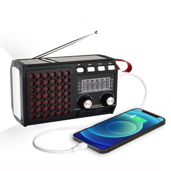 Joueurs Radio d'urgence portable Am / FM / SW1 ~ 4 avec haut-parleur Bluetooth Manivelle solaire Carte TF Disque USB Lecteur MP3 4 en 1 à piles