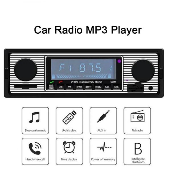 Lecteurs Radio de voiture sans fil 1 Din BluetoothCompatible Rétro Lecteur MP3 AUX USB FM Jouer Lecteur audio stéréo vintage avec télécommande