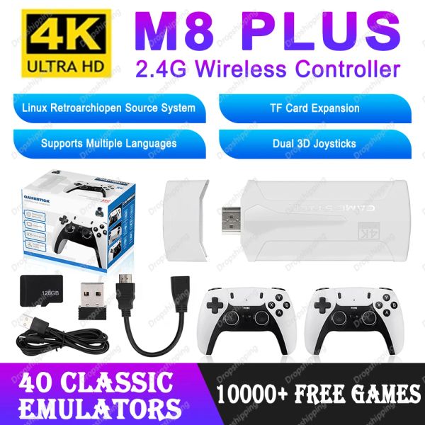 Joueurs Consoles de jeux vidéo sans fil M8 Plus 2.4G HD Builtin 10000+ Jeux Retro Stick Gamepad TV Family 2 contrôleurs pour PS1/GBA/MD