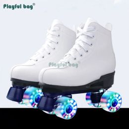 Speelachtige tas PU Wit Zwart Leather Double Roller Skates Outdoor Volwassene Flashing Four Wheels Skating Shoes Amb127