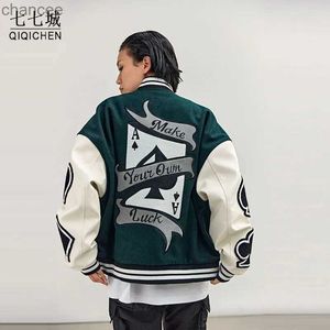 Speel kaart borduurwerk varsity jas Men Spring herfst Hip Hop Streetwear College Baseball Jackets Harajuku Bomber Coat Unisex HKD230815