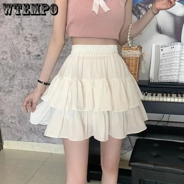 Jupe d'aligne plissée Femmes blanches Ruffles Sweet Tie Preppy Style Elastic Taist mince mince Simplasual Summer Wholesale 240419