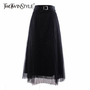 Geplooide zwarte rok voor vrouwen hoge taille sjerpen casual office lady's stijl rokken vrouwelijke mode kleding 210521