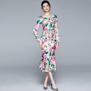 Geplooide bloemenprint satijn jurk elegante casual lange mouwen midi vrouwen vierkante kraag dames es office ol herfst 210529