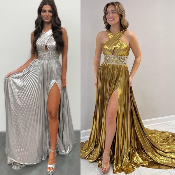 Robe de soirée formelle d'hiver métallique plissée 2k24 découpe entrecroisée Preteen Lady Pageant bal soirée événement Hoco Gala remise des diplômes robe de danse taille perlée