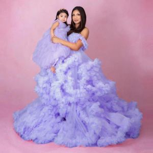 Geplooide ruches moeder en dochter jurk grove mesh mesh gegolfde verjaardagsfeestje tule jurken voor spleet lange jurken baby shower