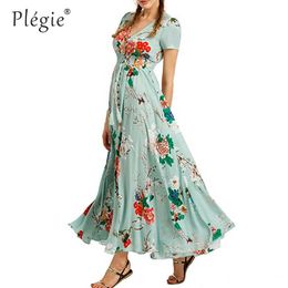 Plegie boho zomer drwomen maxi sundshort mouw knop omhoog split floral print avondfeest jurken vestidos x0621